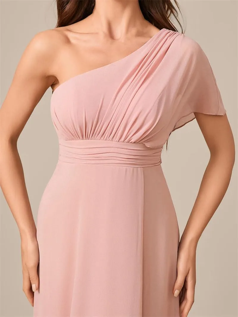 Women's Ruched Waist High Slit Chiffon One Shoulder Bridesmaid Dress