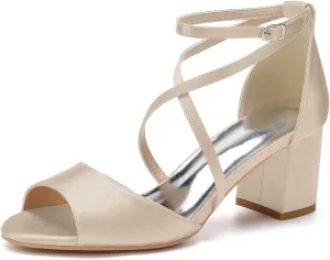 Women's Satin Block Heel Wedding Sandals Peep Toe Sandals for Women Cross Strap Evening Dressy Bridal Shoes for Women