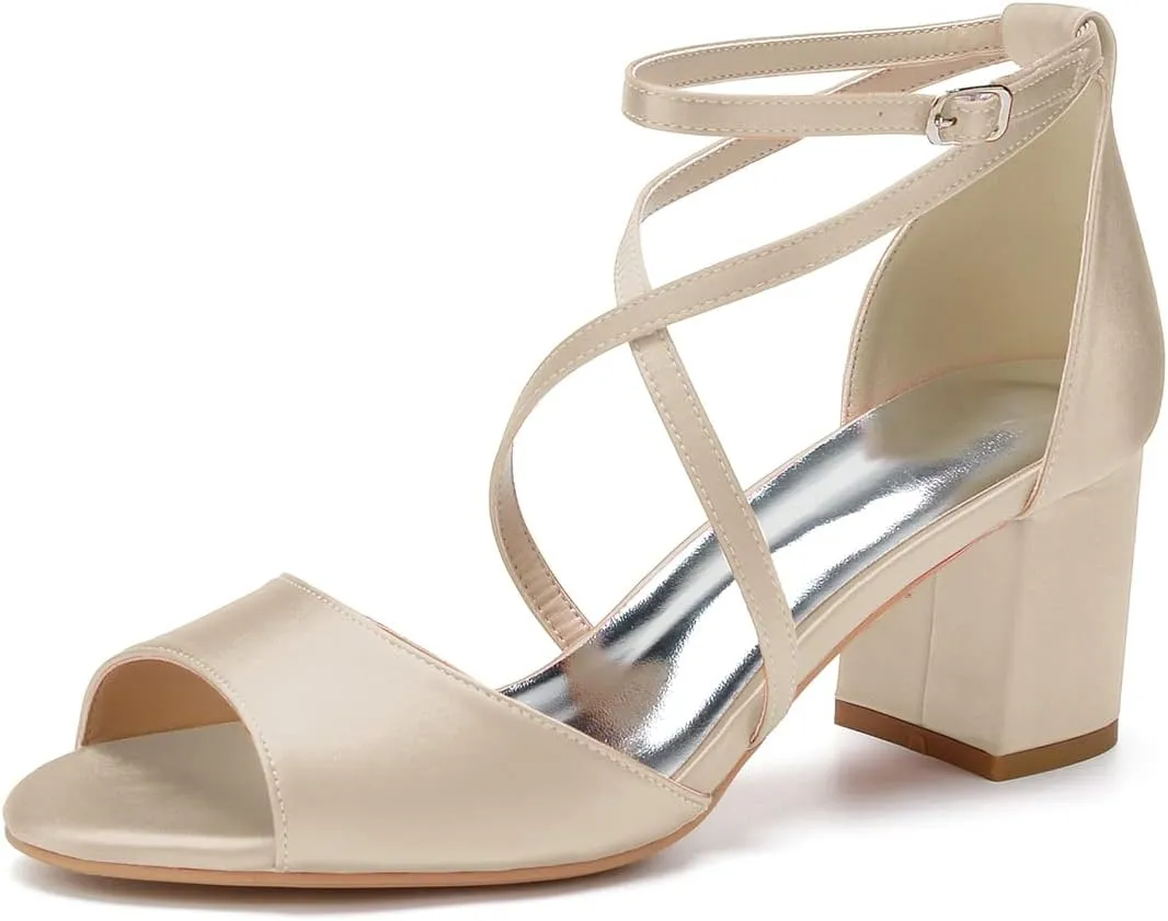 Women's Satin Block Heel Wedding Sandals Peep Toe Sandals for Women Cross Strap Evening Dressy Bridal Shoes for Women