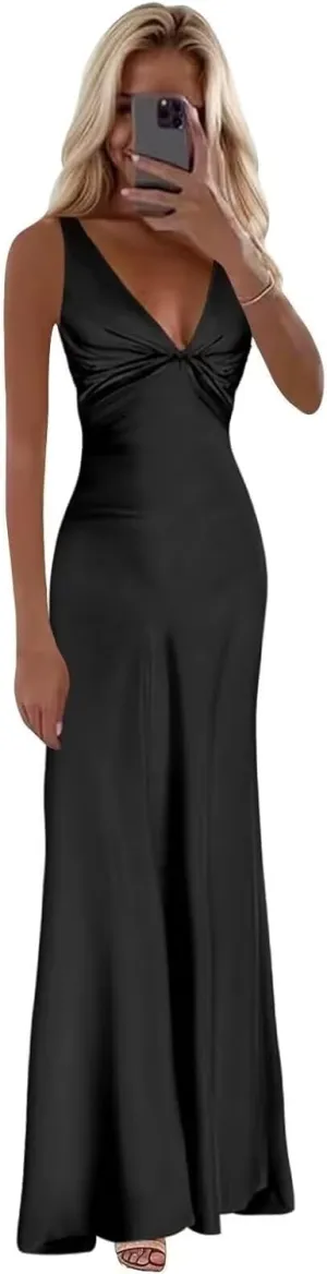 Women's Satin Bridesmaid Dresses for Wedding with Slit A Line Spaghetti Straps Long Formal Prom Evening Dress