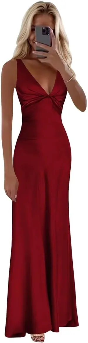 Women's Satin Bridesmaid Dresses for Wedding with Slit A Line Spaghetti Straps Long Formal Prom Evening Dress
