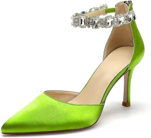 Women's Satin Closed Pointed Toe High Stilettos Crystal Ankle Strap Pump Shoes Wedding Bridal Party Dress Heeled Sandals