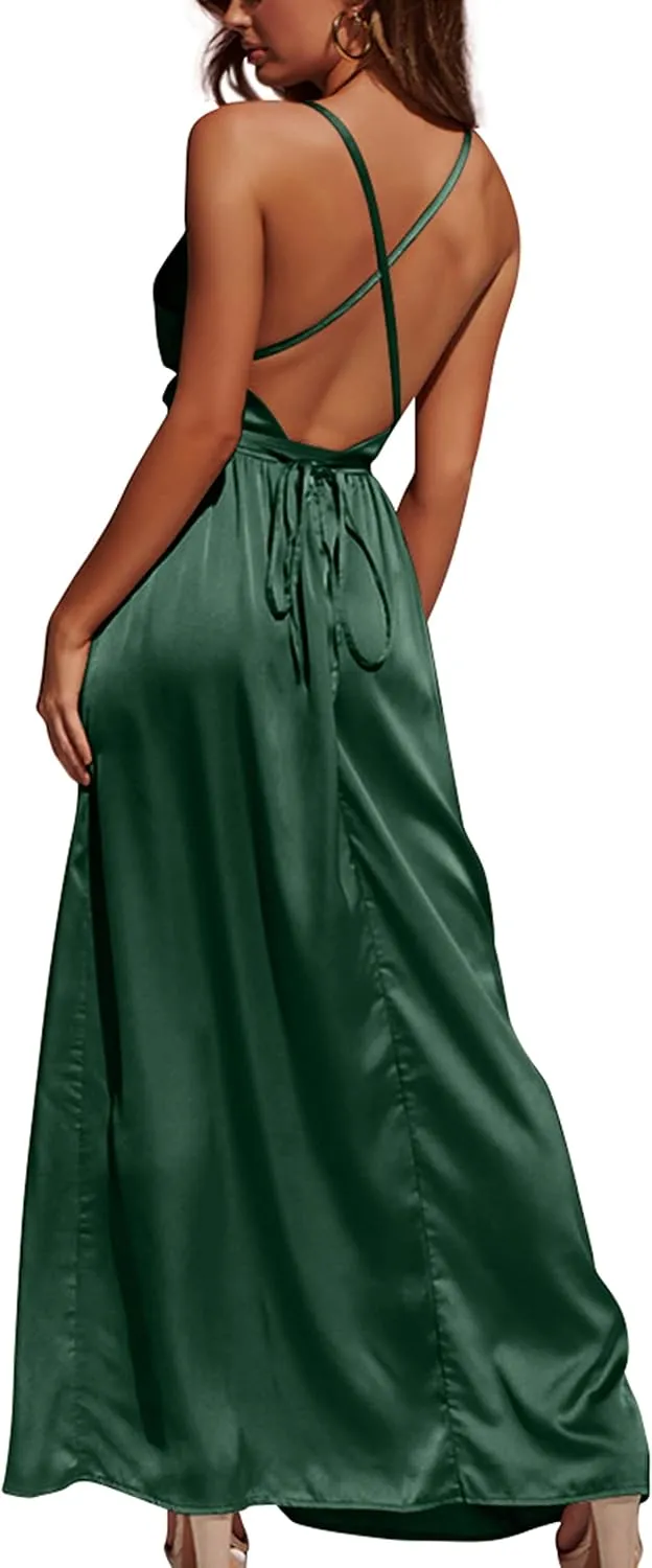 Women's Satin Formal Dress Sexy V Neck Backless Split Long Maxi Cocktail Party Wedding Guest Dress