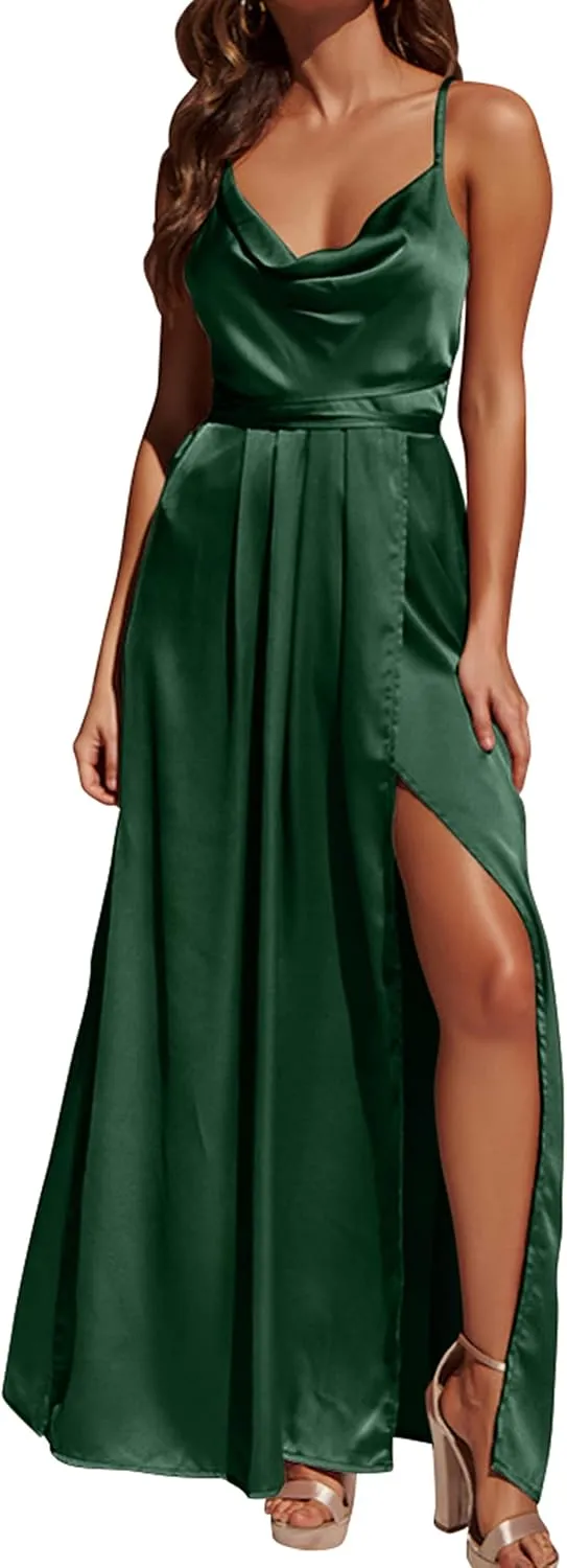 Women's Satin Formal Dress Sexy V Neck Backless Split Long Maxi Cocktail Party Wedding Guest Dress