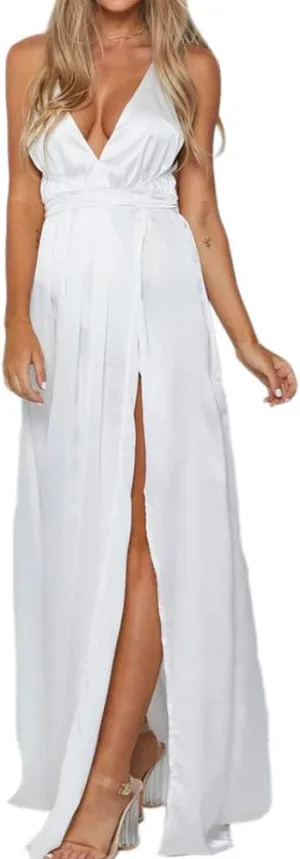 Women's Satin Formal Dress Sexy V Neck Backless Split Long Maxi Cocktail Party Wedding Guest Dress