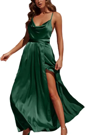 Women's Satin Formal Dress Sexy V Neck Backless Split Long Maxi Cocktail Party Wedding Guest Dress