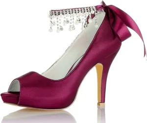 women's Satin Heel Pumps Sandal Bridal Shoes for the Bride Fish Mouth Rhinestone Pearls Ribbon Tie Wedding Shoes