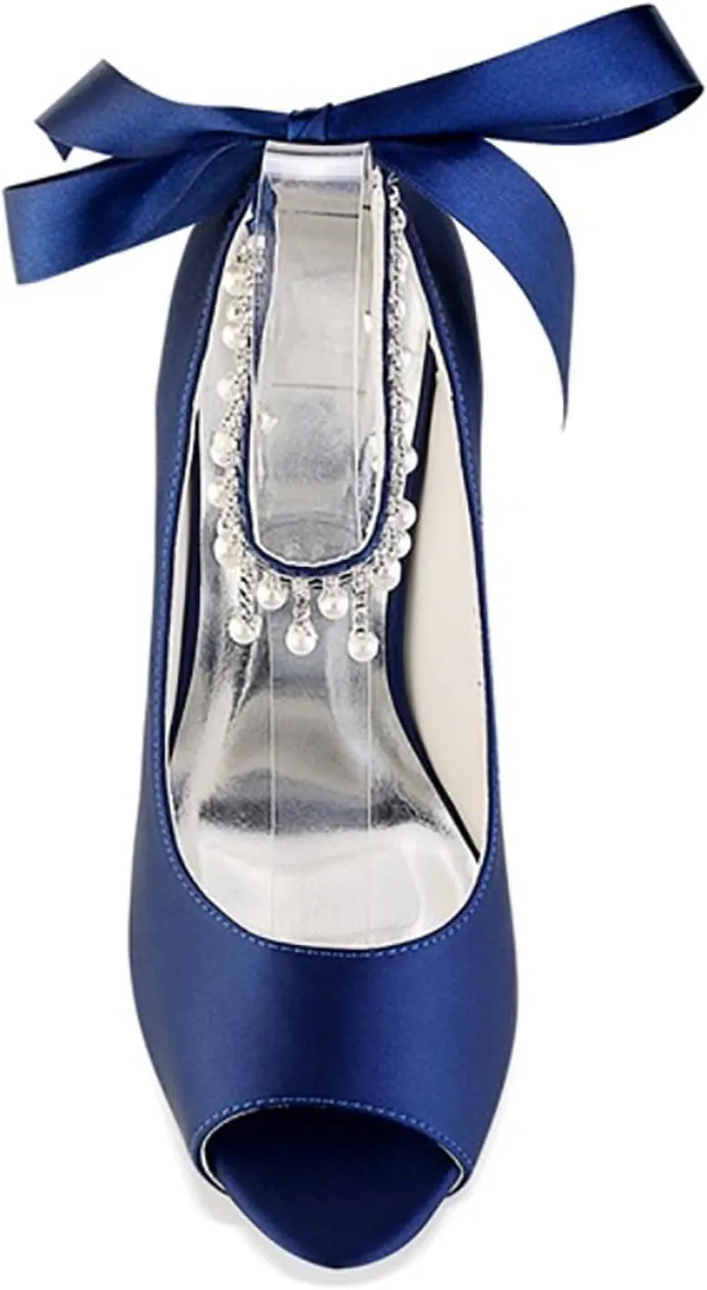 women's Satin Heel Pumps Sandal Bridal Shoes for the Bride Fish Mouth Rhinestone Pearls Ribbon Tie Wedding Shoes