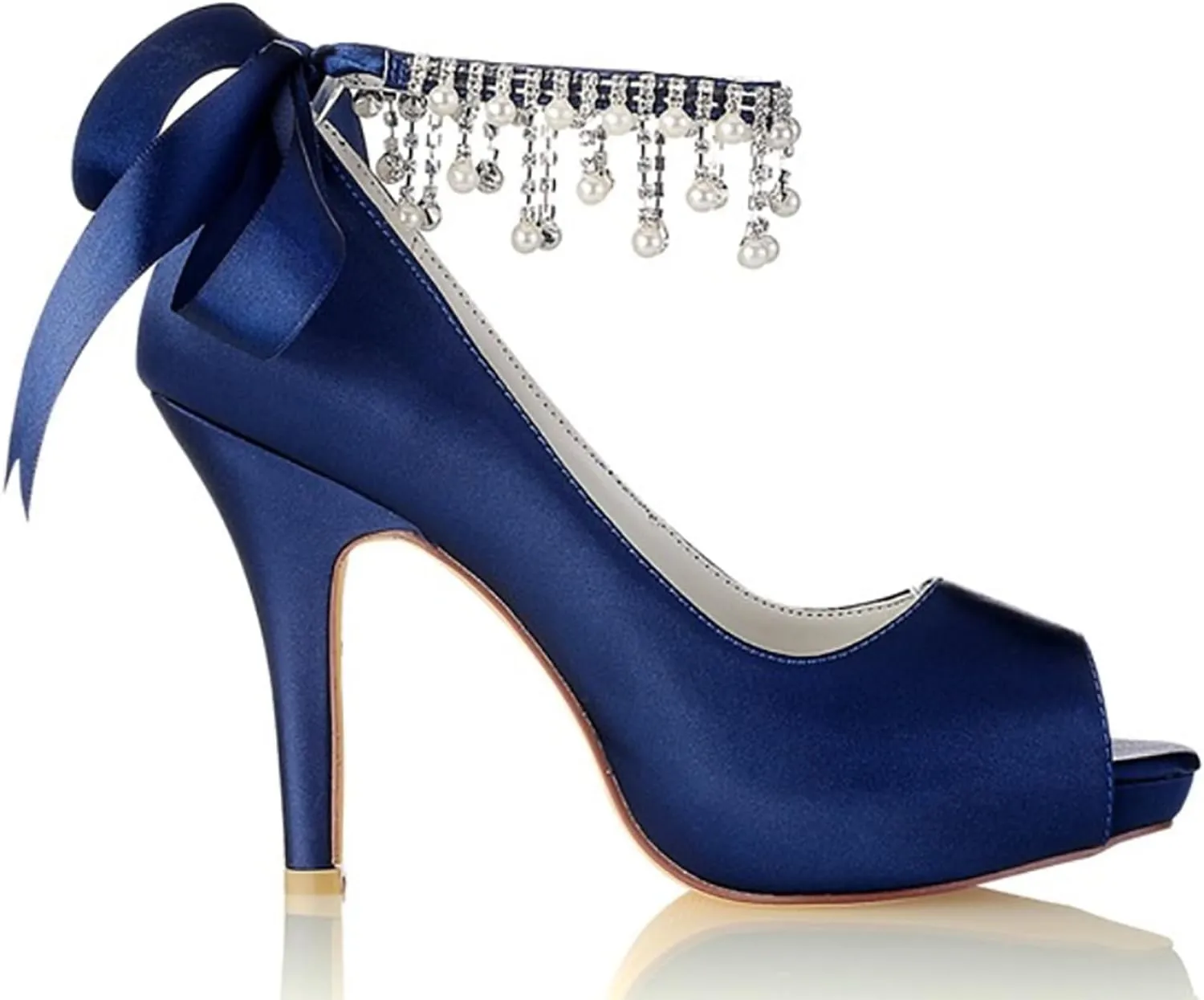 women's Satin Heel Pumps Sandal Bridal Shoes for the Bride Fish Mouth Rhinestone Pearls Ribbon Tie Wedding Shoes