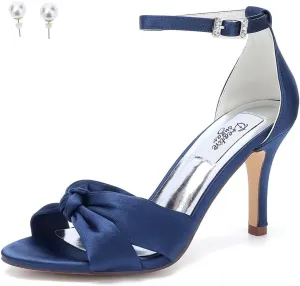 Women's Satin High Heel Sandals Bowknot Crossed strappy Wedding Party Shoes with pearl Eearrings