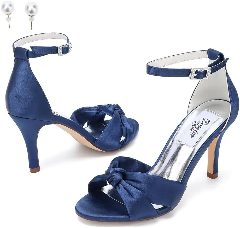 Women's Satin High Heel Sandals Bowknot Crossed strappy Wedding Party Shoes with pearl Eearrings