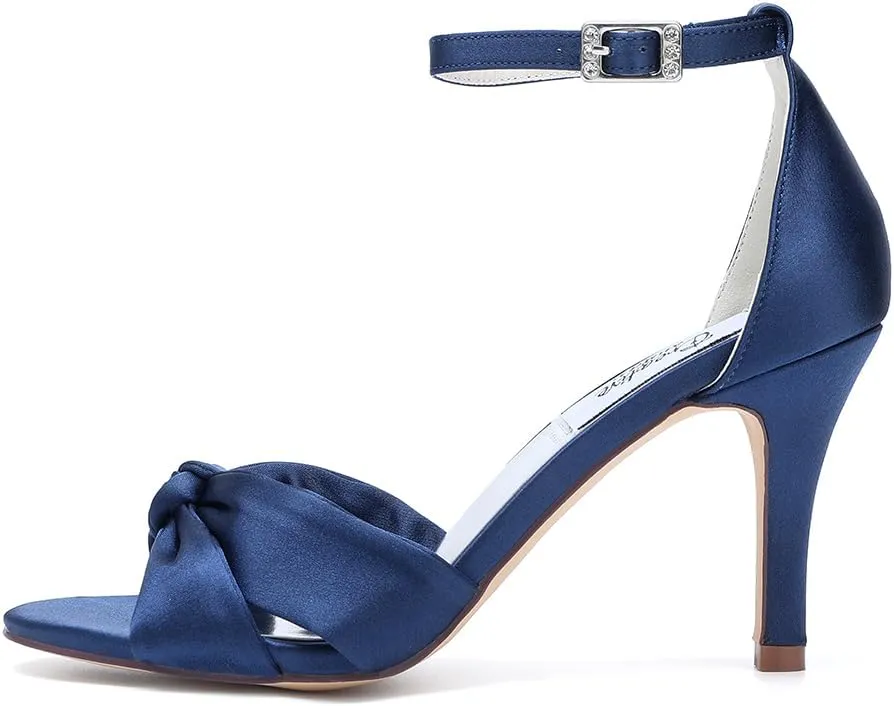 Women's Satin High Heel Sandals Bowknot Crossed strappy Wedding Party Shoes with pearl Eearrings