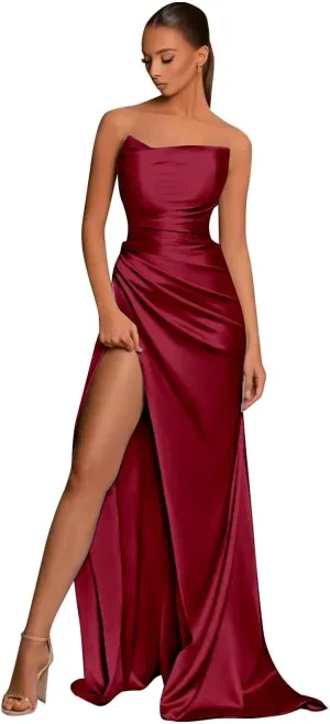 Women's Satin Mermaid Bridesmaid Prom Dress for Wedding Long Ball Gowns Strapless Ruched Formal Party Gowns with Slit