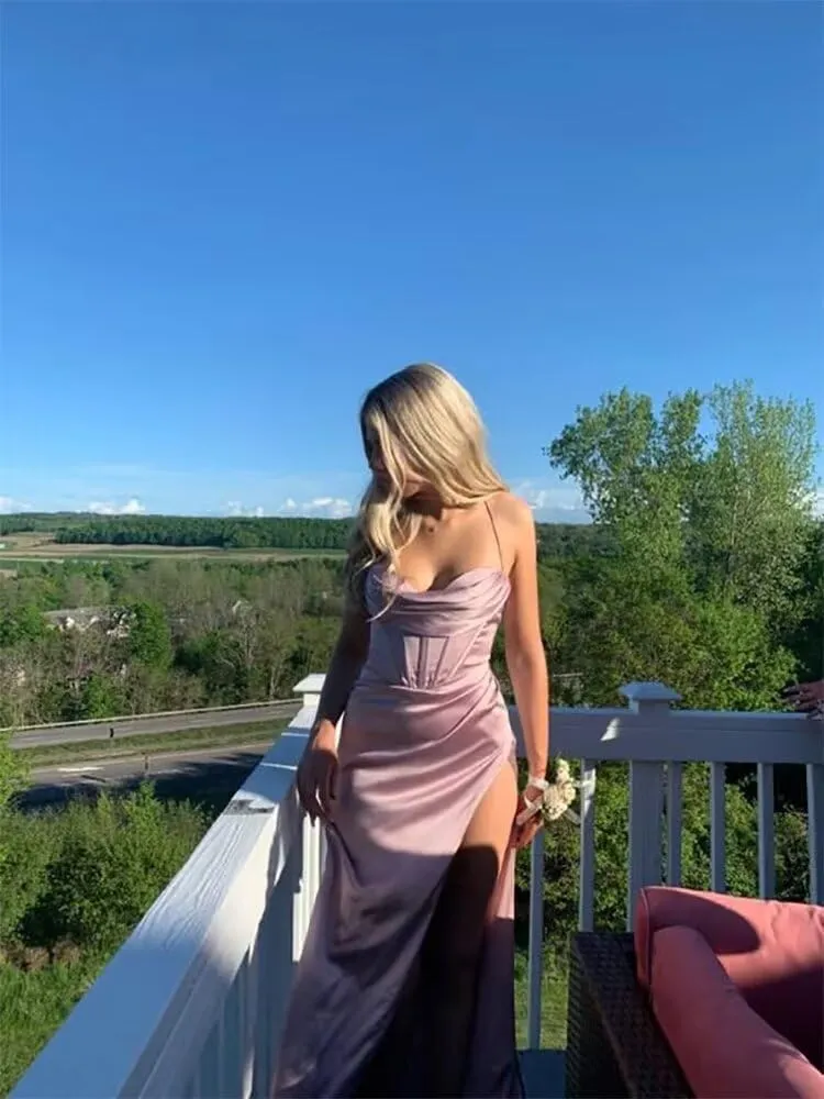Women's Satin Mermaid Prom Dresses Long Halter Sweetheart Corset Formal Evening Party Gowns with Slit