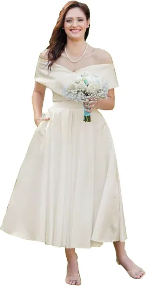 Womens Satin Midi Wedding Dresses 2025 V Neck Off The Shoulder Short Bride Gowns