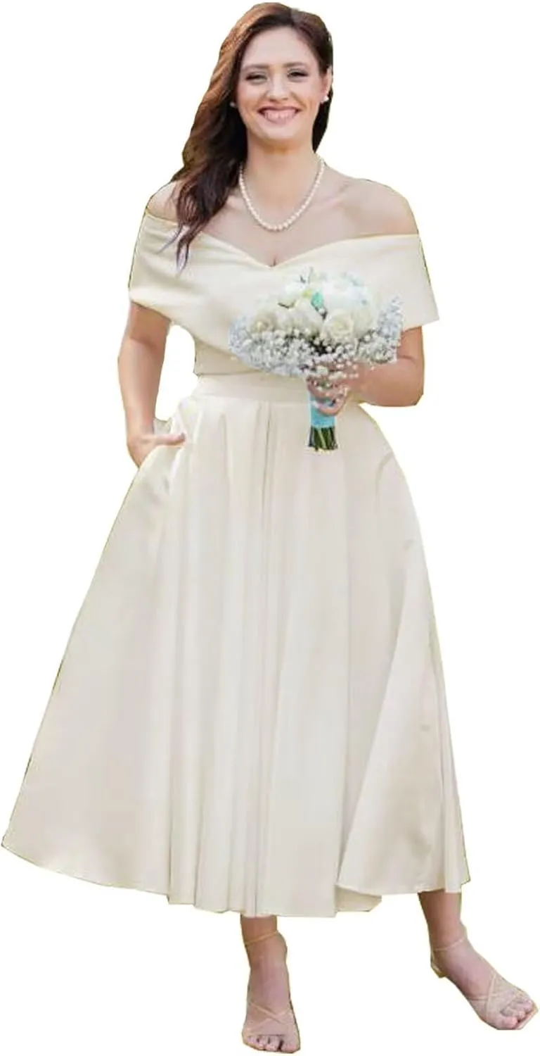 Womens Satin Midi Wedding Dresses 2025 V Neck Off The Shoulder Short Bride Gowns