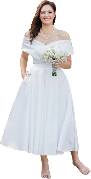 Womens Satin Midi Wedding Dresses 2025 V Neck Off The Shoulder Short Bride Gowns