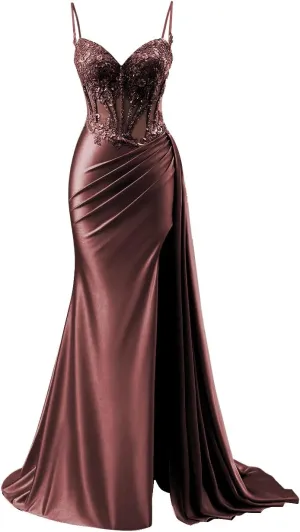 Women's Satin Prom Dresses Long Spaghetti Straps Lace Mermaid Applique Formal Evening Gowns with Slit