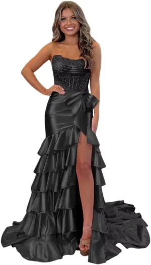 Womens Satin Sequin Tiered Strapless Prom Dress Long with Bow 2025 Mermaid Cowl Neck Formal Gowns with Slit