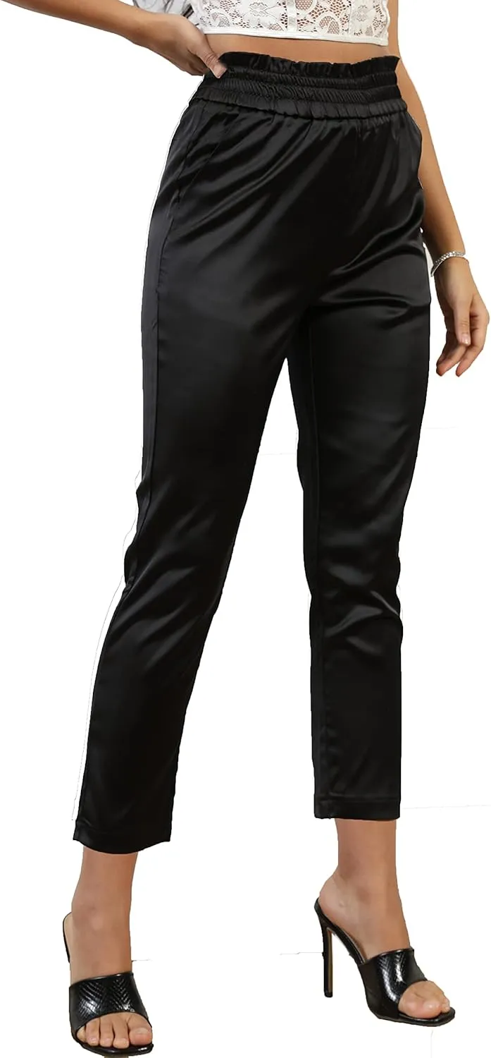Women's Satin Silky Dress Fashion Paperbag Elastic Waist Cropped Pants Trousers