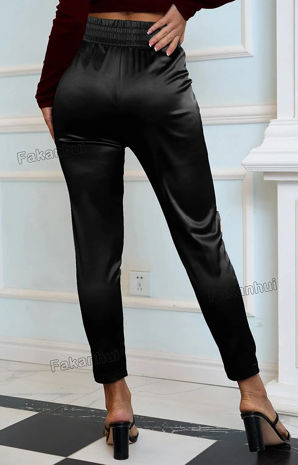 Women's Satin Silky Dress Fashion Paperbag Elastic Waist Cropped Pants Trousers