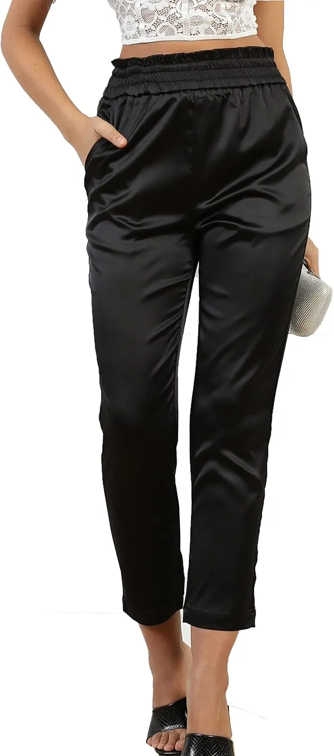 Women's Satin Silky Dress Fashion Paperbag Elastic Waist Cropped Pants Trousers
