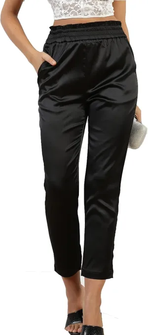 Women's Satin Silky Dress Fashion Paperbag Elastic Waist Cropped Pants Trousers