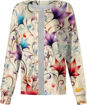 Women'S Scrub Jacket Tops Long Sleeve Floral Printed Stand-Up Collar Button Front Working Nurse Uniforms With Pockets