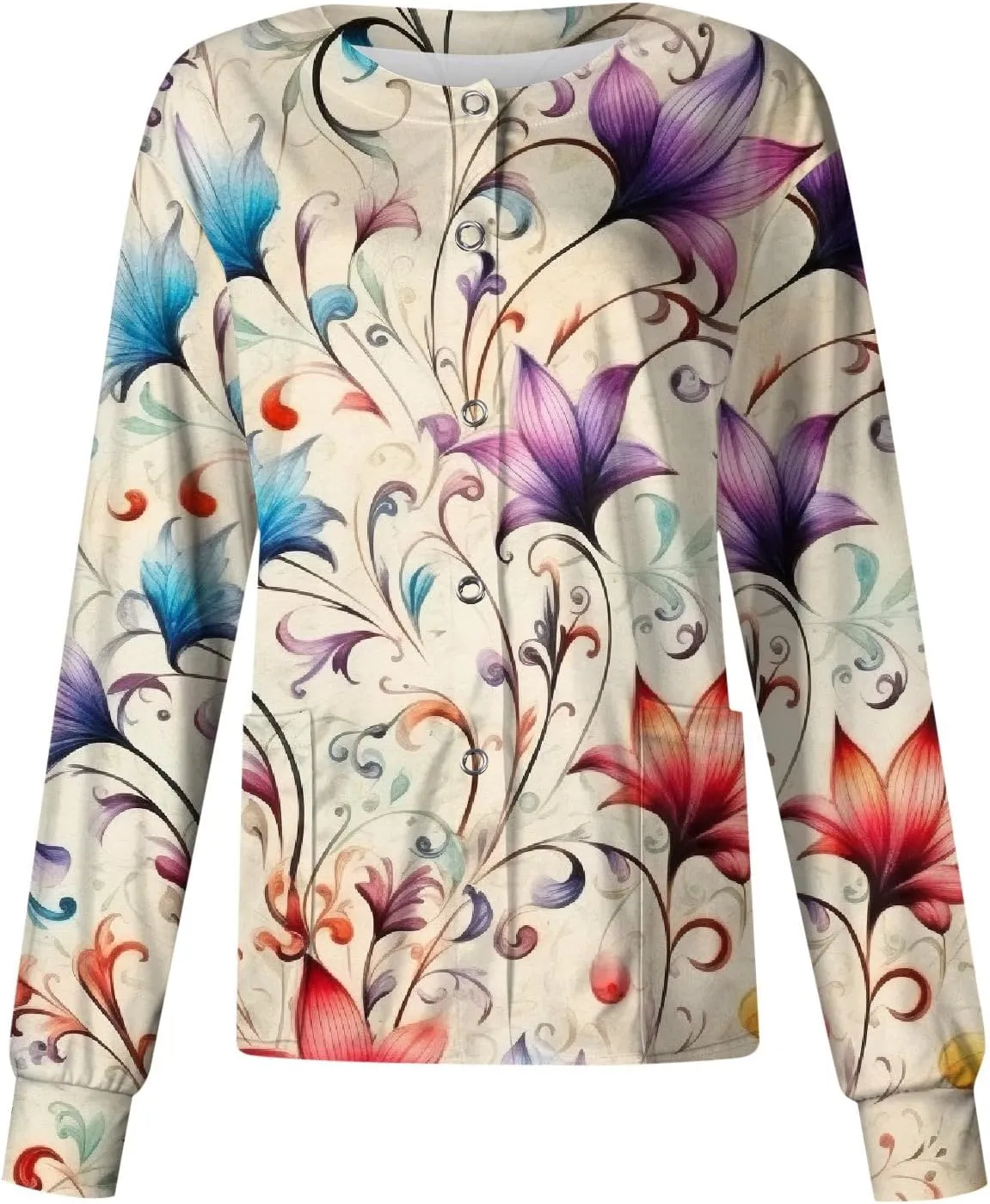 Women'S Scrub Jacket Tops Long Sleeve Floral Printed Stand-Up Collar Button Front Working Nurse Uniforms With Pockets