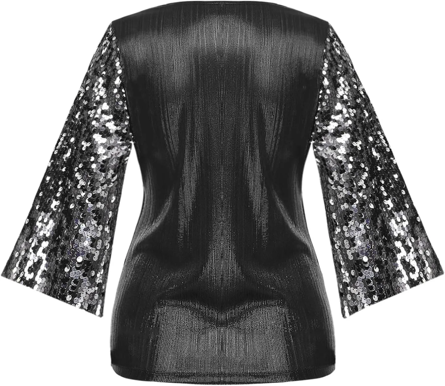 Womens Sequin Shirt Wrap V Neck 3/4 Split Sleeve Glitter Sparkly Party Dressy Blouse Tops