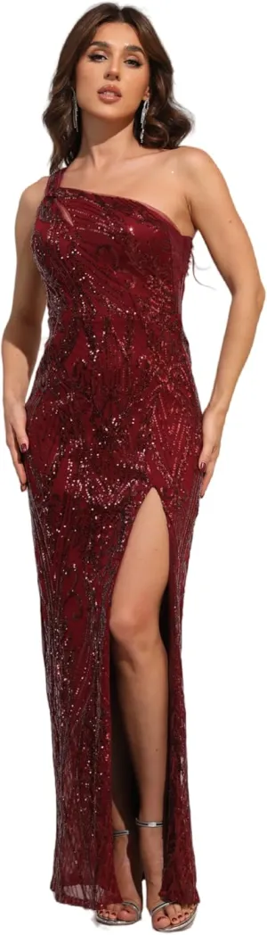 Women's Sequin Sparkly Glitter One Shoulder Slit A line Sleeveless Party Club Cocktail Long Evening Gown (US, Numeric, 10, Regular, Regular, Red)