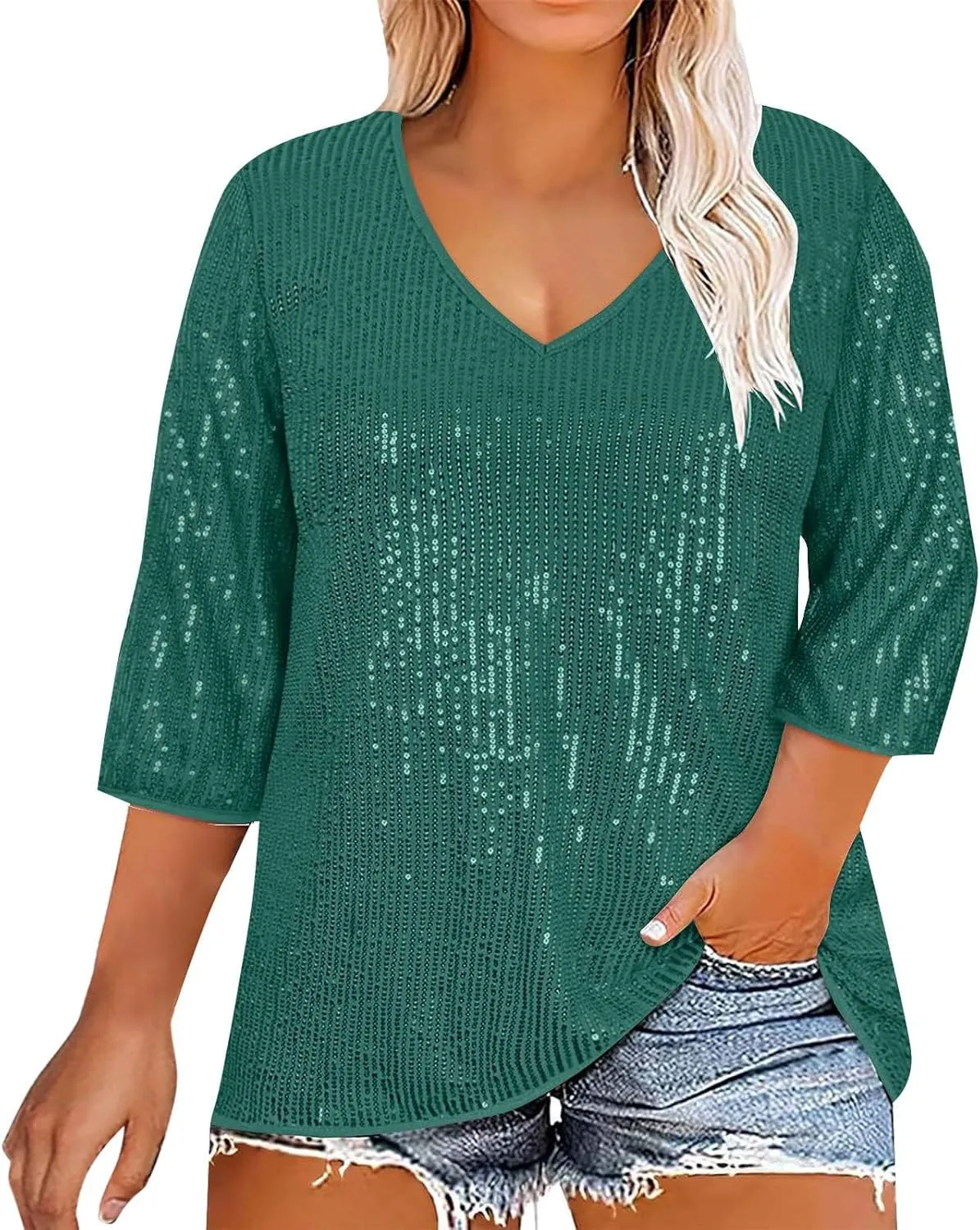 Womens Sequin Tops 3/4 Sleeve Glitter Sparkly Blouse V Neck Dressy Tops for Evening Party Tech Sleeve