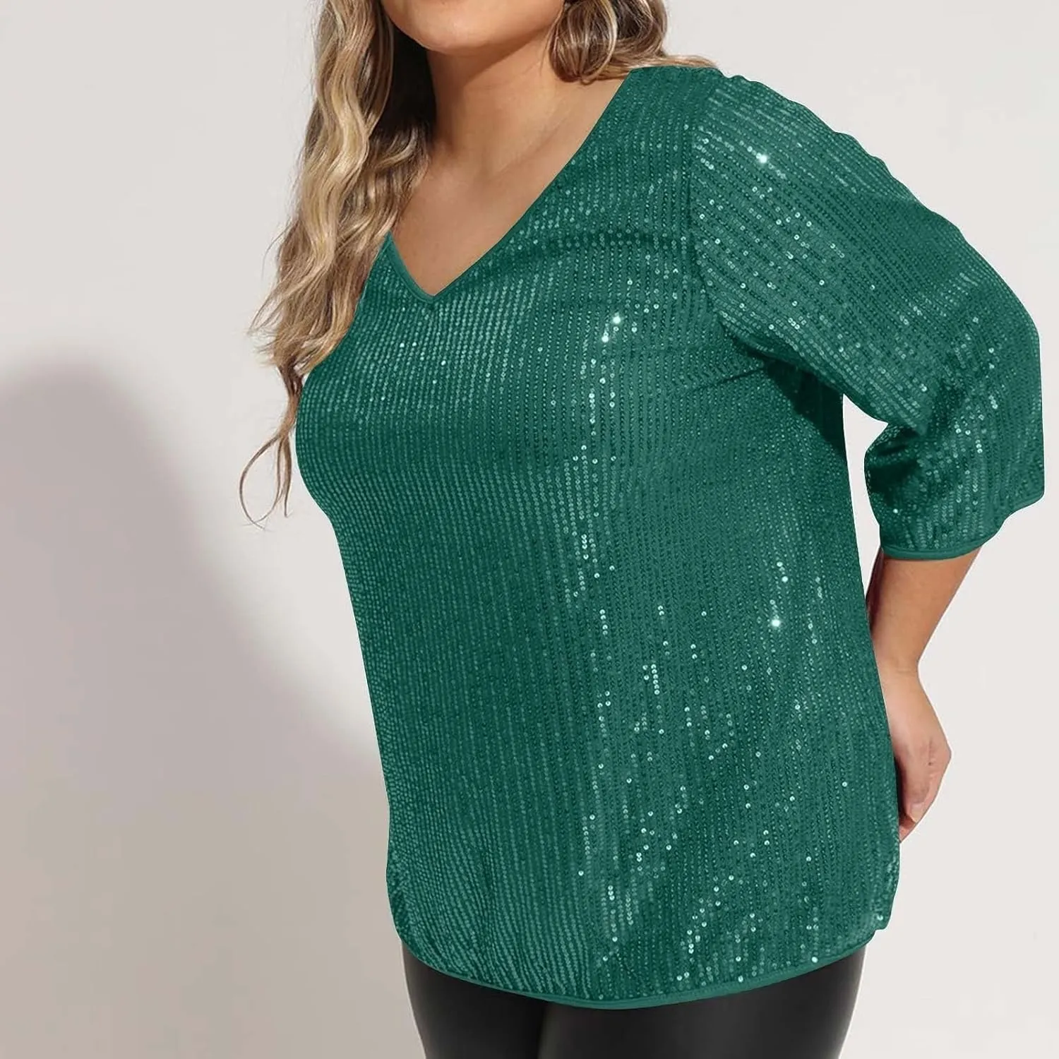 Womens Sequin Tops 3/4 Sleeve Glitter Sparkly Blouse V Neck Dressy Tops for Evening Party Tech Sleeve