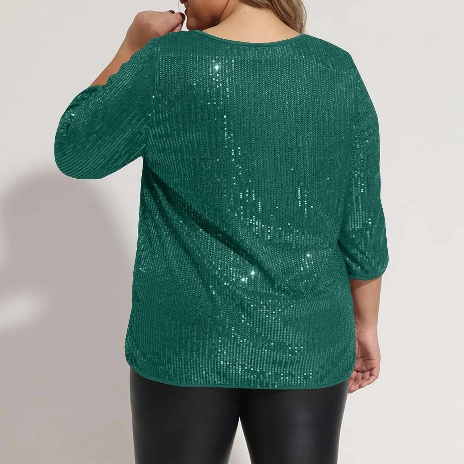 Womens Sequin Tops 3/4 Sleeve Glitter Sparkly Blouse V Neck Dressy Tops for Evening Party Tech Sleeve