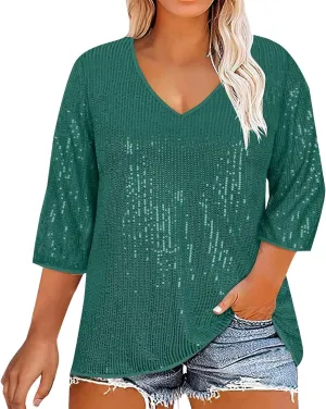 Womens Sequin Tops 3/4 Sleeve Glitter Sparkly Blouse V Neck Dressy Tops for Evening Party Tech Sleeve