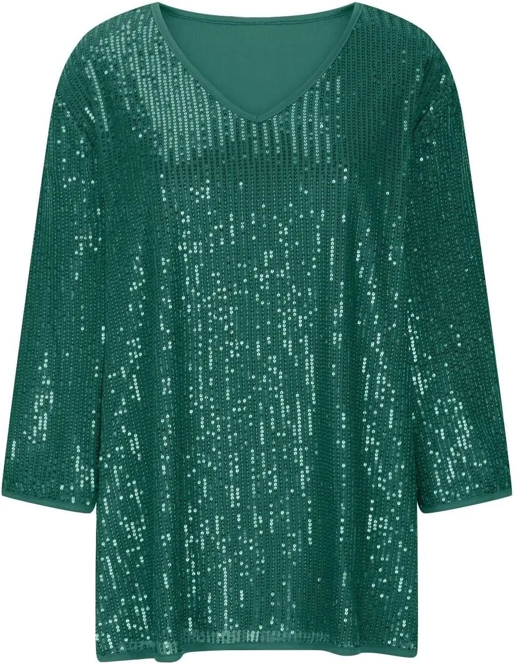 Womens Sequin Tops 3/4 Sleeve Glitter Sparkly Blouse V Neck Dressy Tops for Evening Party Tech Sleeve