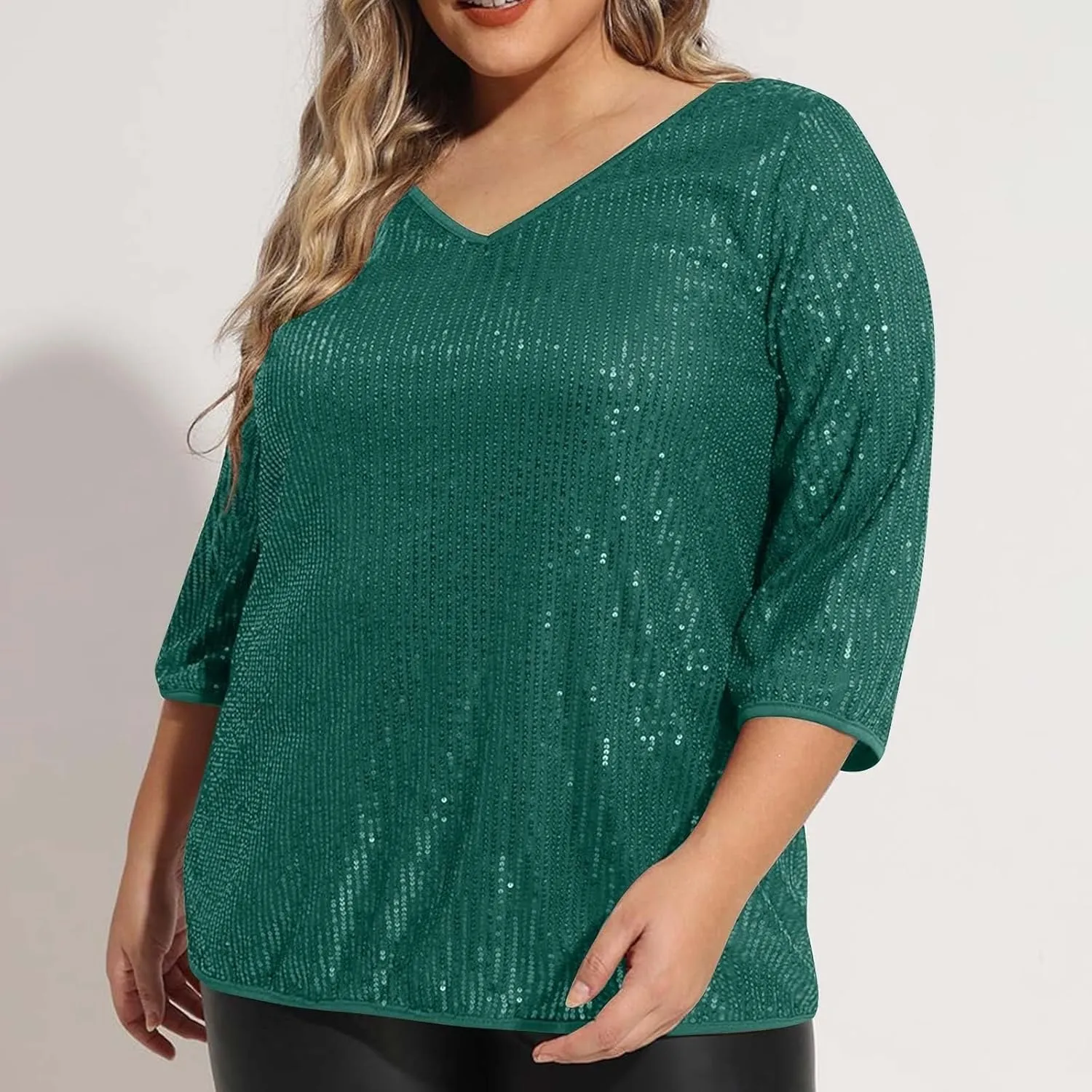 Womens Sequin Tops 3/4 Sleeve Glitter Sparkly Blouse V Neck Dressy Tops for Evening Party Tech Sleeve
