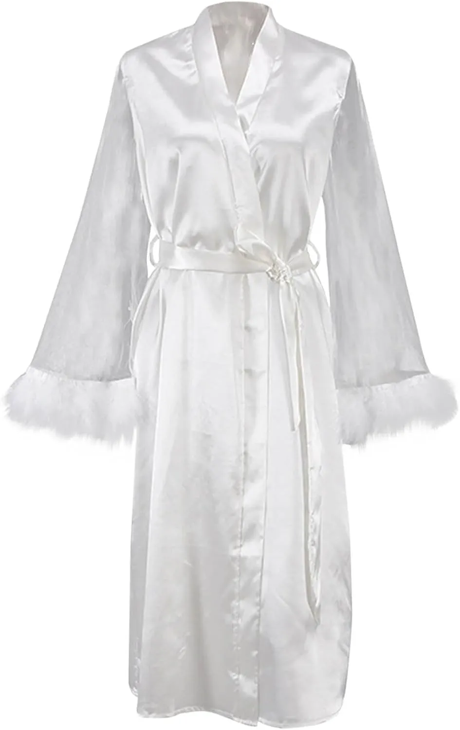 Womens Sexy Mesh Feather Bell Sleeve Nightgown Silk Satin Full-Length Robes V Neck Lightweight Home Robe with Belt