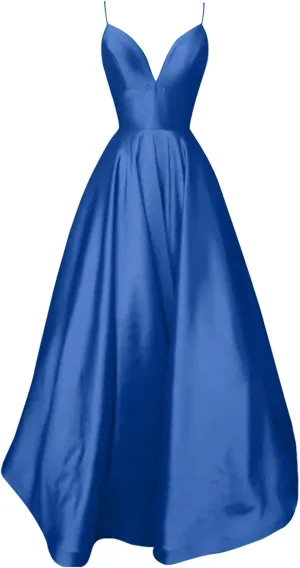 Women's Sexy Satin Deep V Neck Backless Maxi Dresses Spaghetti Straps High Split Club Party Evening Formal Dress