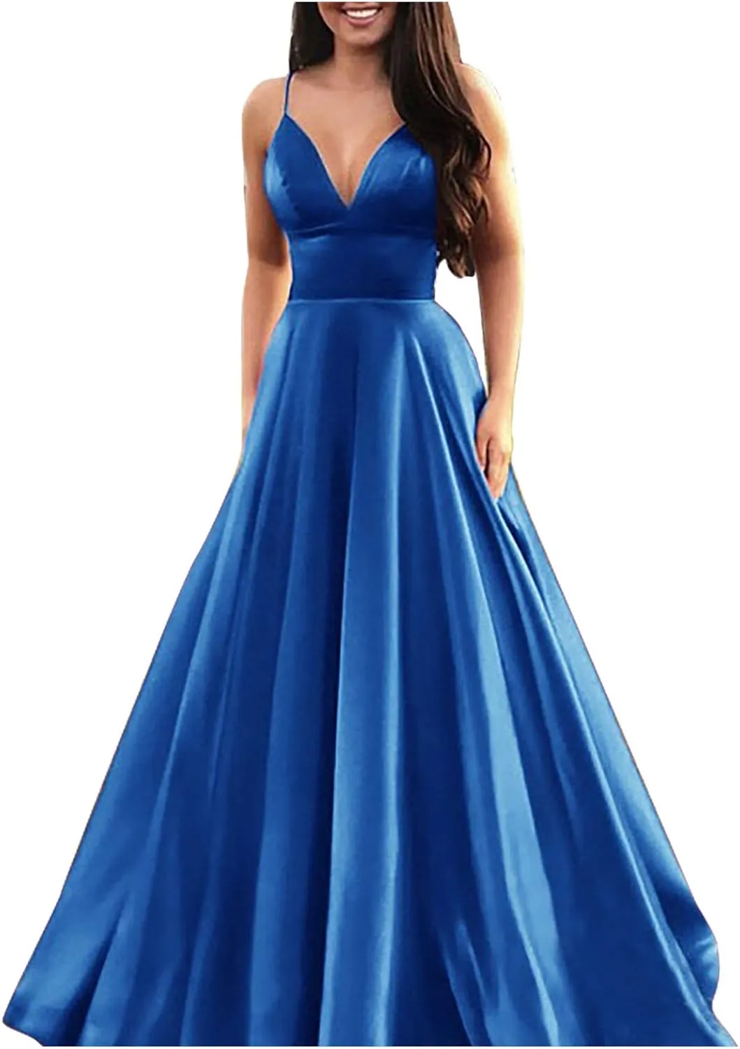Women's Sexy Satin Deep V Neck Backless Maxi Dresses Spaghetti Straps High Split Club Party Evening Formal Dress