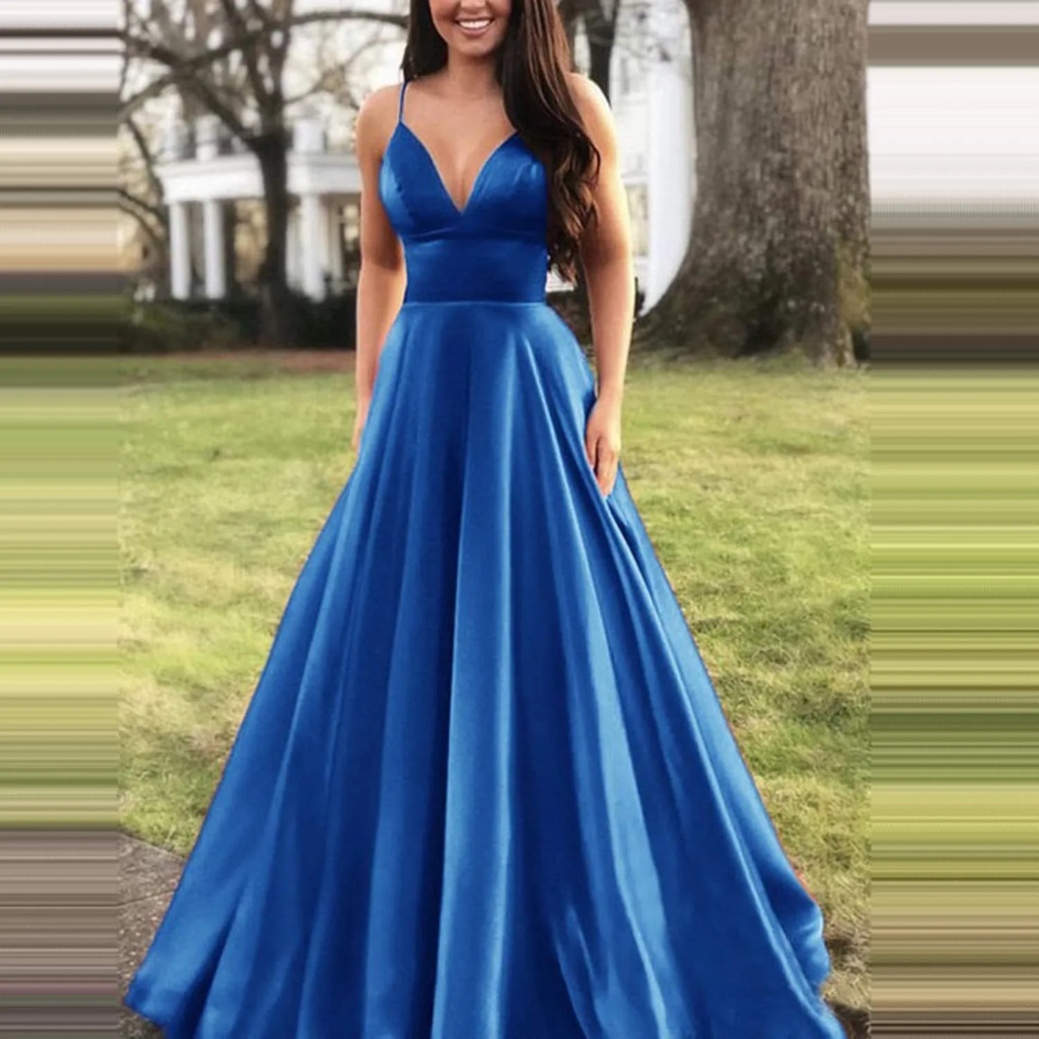 Women's Sexy Satin Deep V Neck Backless Maxi Dresses Spaghetti Straps High Split Club Party Evening Formal Dress