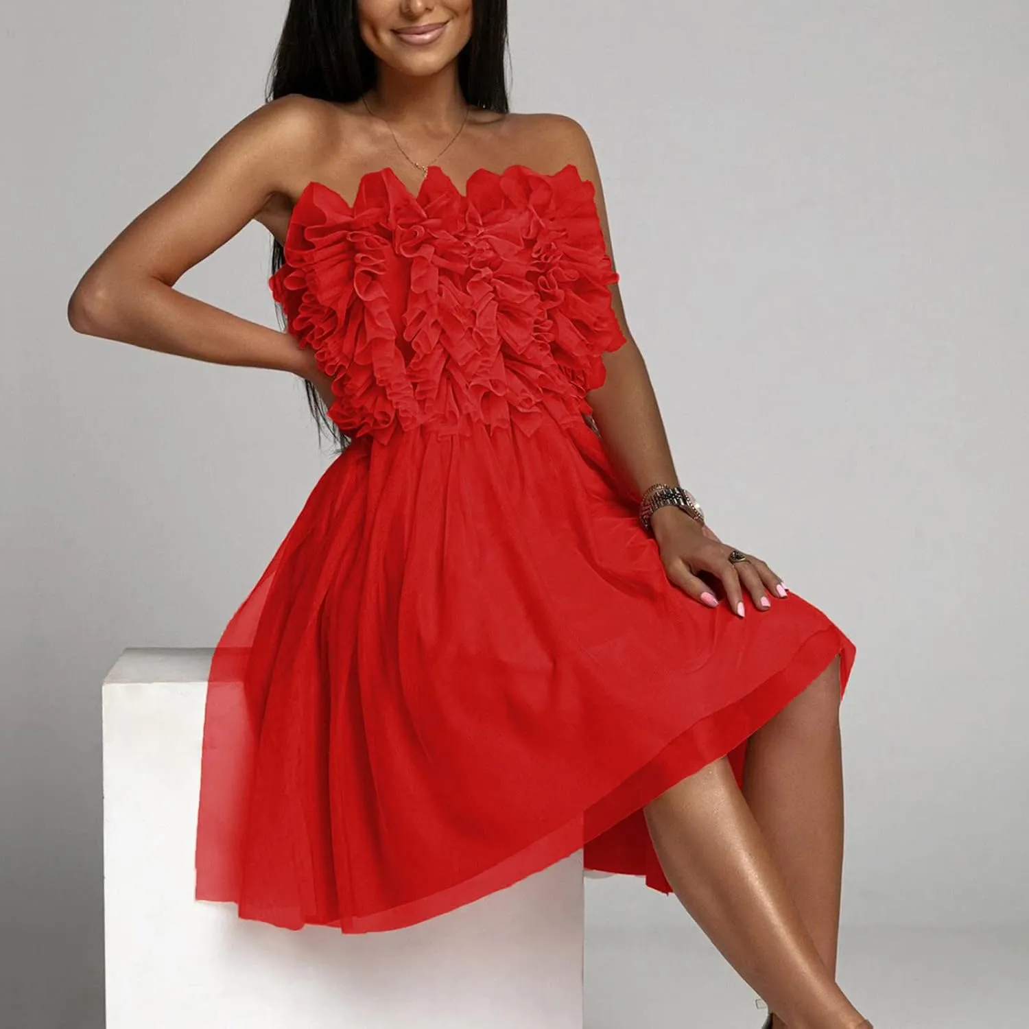 Womens Sexy Strapless Dress Fashion Sheath Skirts Puffy Sleeveless Elegant Gowns Dresses Prom Wedding Business Wear