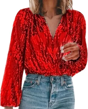 Women's Sexy V Neck Sequin T-Shirt Long Sleeve Elegant Solid Slim Shirt Streetwear Top