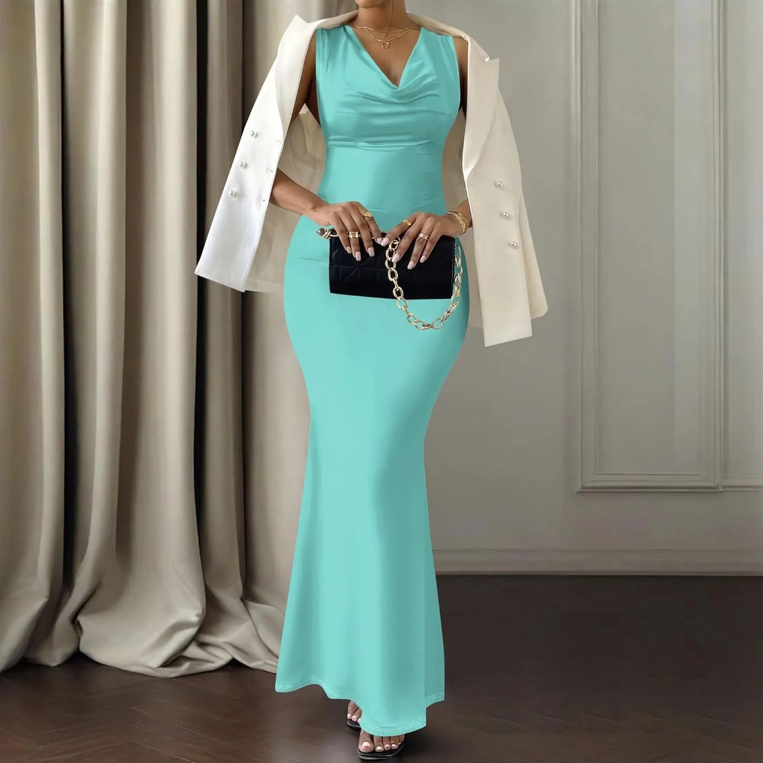 Women's Sexy V Neck Sleeveless Fitted Dress Elegant Curve Pencil Skirt Beach Party Sundress Festival Evening Dress