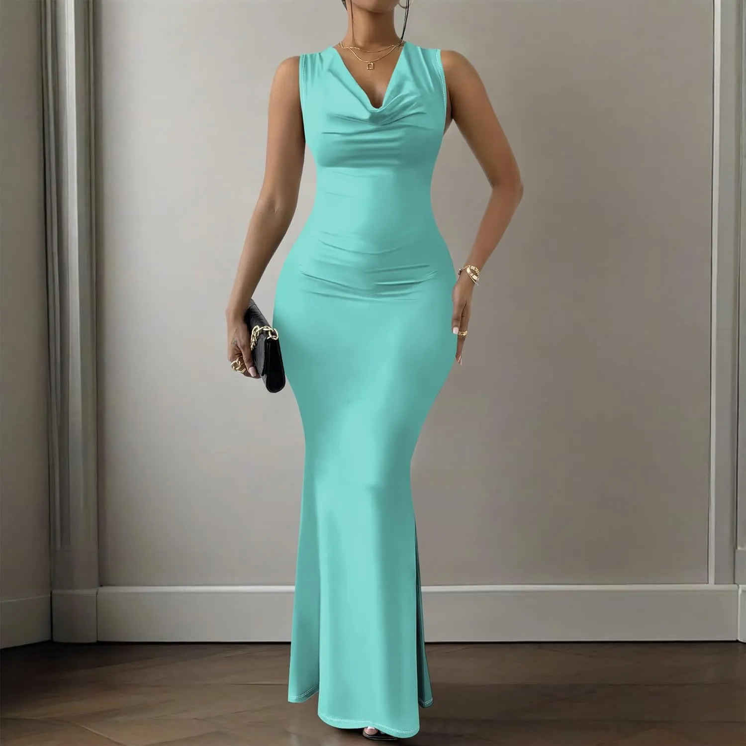 Women's Sexy V Neck Sleeveless Fitted Dress Elegant Curve Pencil Skirt Beach Party Sundress Festival Evening Dress