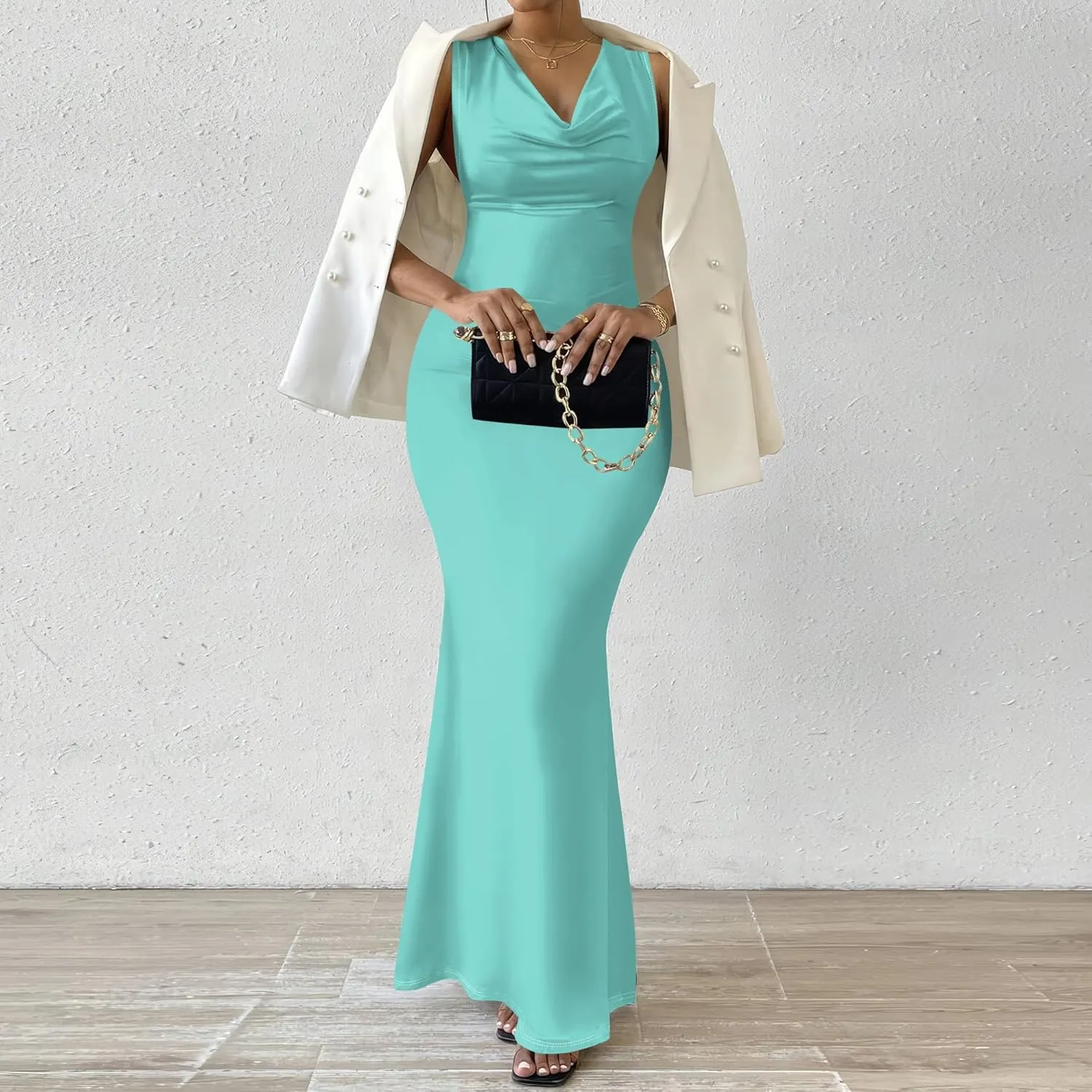 Women's Sexy V Neck Sleeveless Fitted Dress Elegant Curve Pencil Skirt Beach Party Sundress Festival Evening Dress
