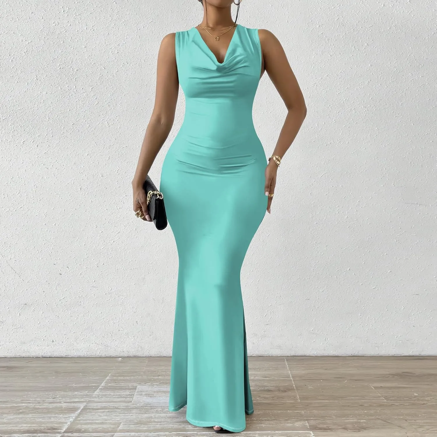 Women's Sexy V Neck Sleeveless Fitted Dress Elegant Curve Pencil Skirt Beach Party Sundress Festival Evening Dress