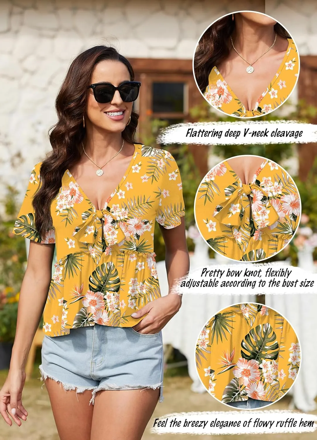 Womens Sexy V Neck Tops Summer Cute Ruffle Shirts Cutout Tie Bow Blouse Short Sleeve Crop Tops