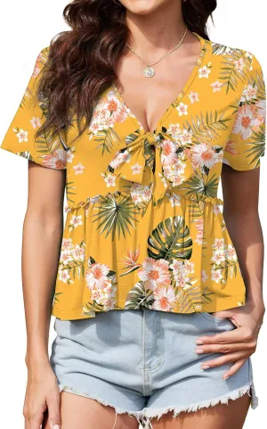 Womens Sexy V Neck Tops Summer Cute Ruffle Shirts Cutout Tie Bow Blouse Short Sleeve Crop Tops