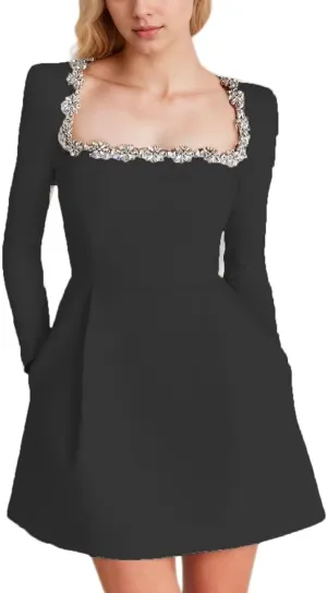 Women's Short Long Sleeves Wedding Dresses for Bride Satin Square Collar Mini Bride Dress A Line Party Dress